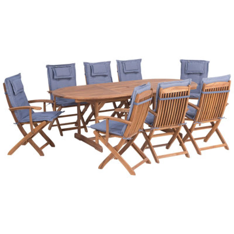 Image of Beliani Garden Dining Set 8 Seater Maui With Cushions Acacia Wood Blue