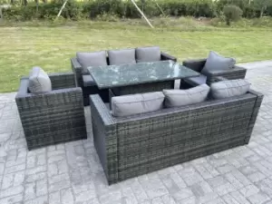 Image of Fimous 8 Seater Outdoor Dark Grey Rattan Lounge Complete Sofa Set with Height AdjustableTable and Lounge Chairs