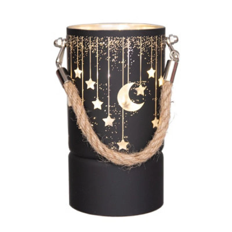 Image of Shatchi 17cm Christmas Decorated Jar LED Black Glass Vase / Moon / Stars Black