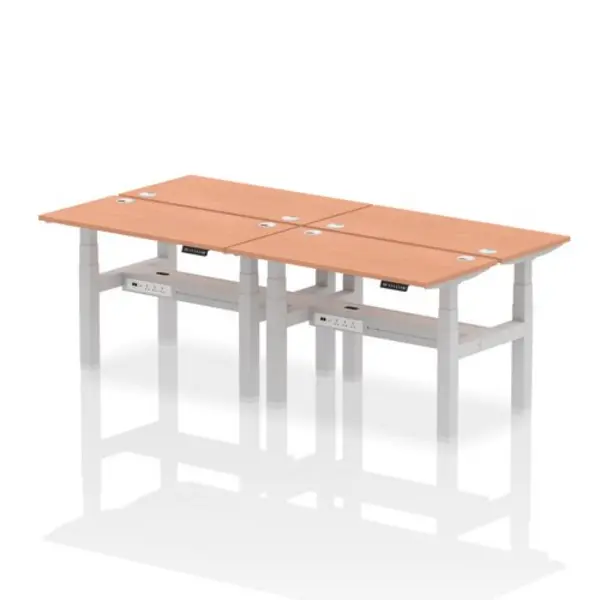 Image of Air Air Back-to-Back 1200 x 600mm Height Adjustable 4 Person Bench Desk Beech Top with Cable Ports Silver Frame HASCP4P12600BCHS