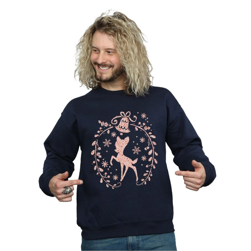 Image of Disney Men Bambi Christmas Wreath Sweatshirt in Navy Size: Small Navy S Male 5057245992633