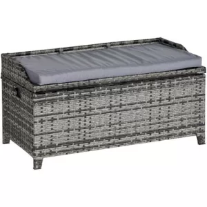 image of Outsunny Patio PE Rattan Wicker Storage Basket Box Bench Seat Furniture w/ Cushion Mixed Grey