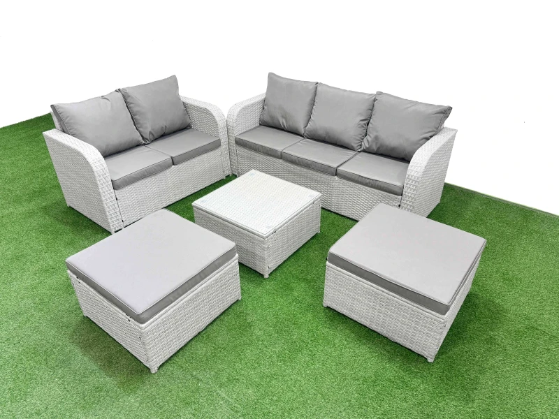 Image of Fimous 7 Seater PE Rattan Wicker Garden Furniture Patio Conservatory Sofa Set with Square Coffee Table 3 Seater Sofa Love Sofa 2 Big Footstool Light G