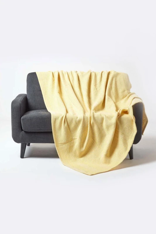 Image of HOMESCAPES Cotton Halden Chevron Yellow Throw, 255 x 360cm - Yellow - Homescapes SF1779C