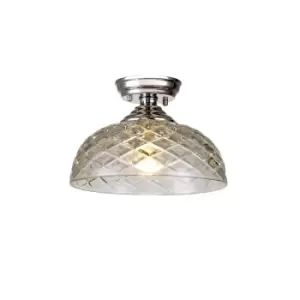 image of Dresden Flush Ceiling Lamp E27 With Flat Round 30cm Patterned Glass Shade Polished Nickel, Clear