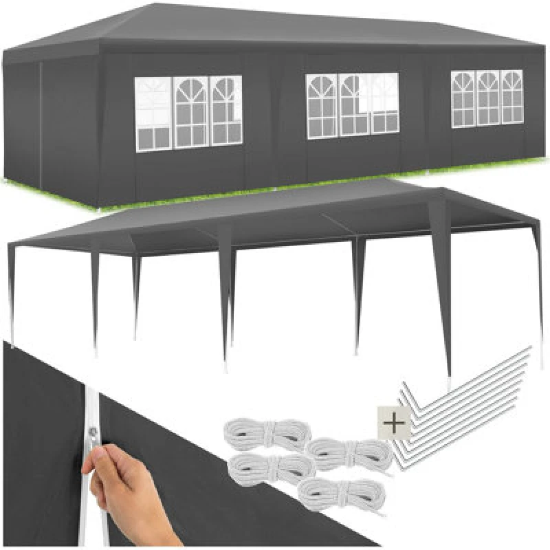 Image of Tectake Gazebo Miramas With 8 Side Panels, Water-Resistant, 9X3M 900 X 300 X 250 Cm - Grey
