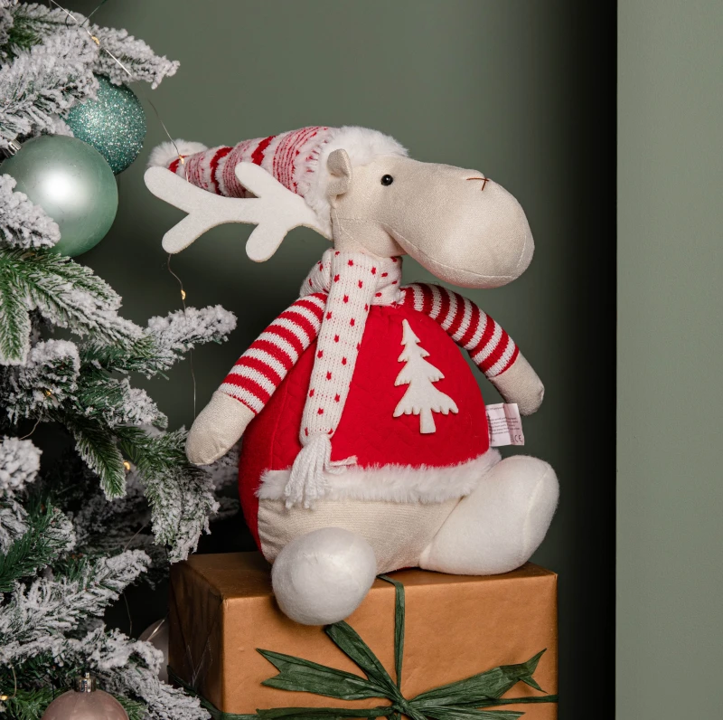 Image of 40cm Battery Operated Light up Sitting Christmas Reindeer in Red & White Jumper