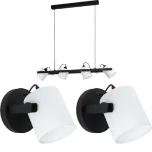 image of Quad Ceiling Light & 2x Matching Wall Lights Black & White Adjustable Shade