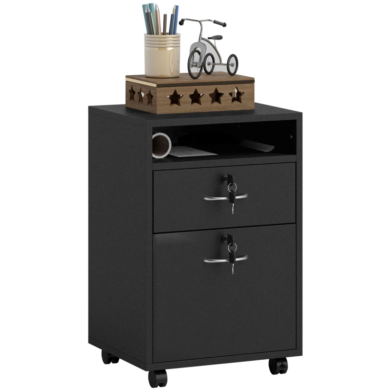 Image of HOMCOM 60cm Filing Cabinet with Drawers and Open Shelf, Black 836-027V83BK