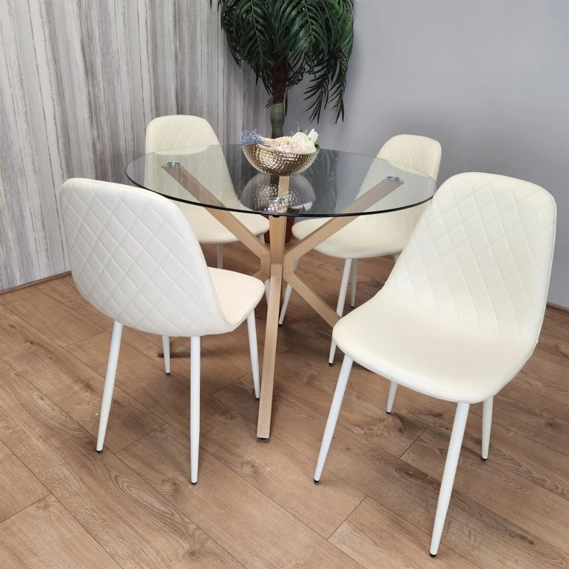 Image of KOSY KOALA KOSY KOALA Clear Glass Round Dining Table with 4 Leather Padded Cream Gem Chairs Clear One Size Unisex 5060711580258