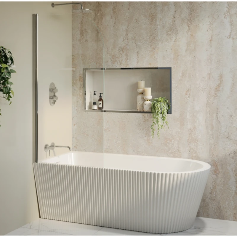 Image of Freestanding Single Ended Right Hand Fluted Corner Bath 1650 x 800mm With Chrome Bath Screen - Amaro BUN/AMAFLRH1650/93605