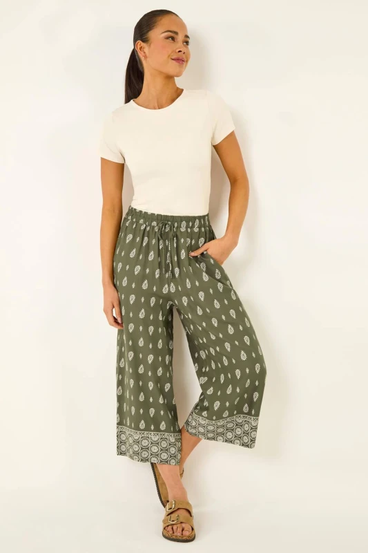 Image of Roman Womens Petite Aztec Border Cropped Trouser in Khaki Size: 18 Khaki Female 18
