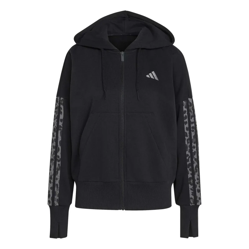 Image of Adidas SPORTSWEAR Essentials Leopard Print Long Sleeve Zip-Up Hoodie Black Cotton L