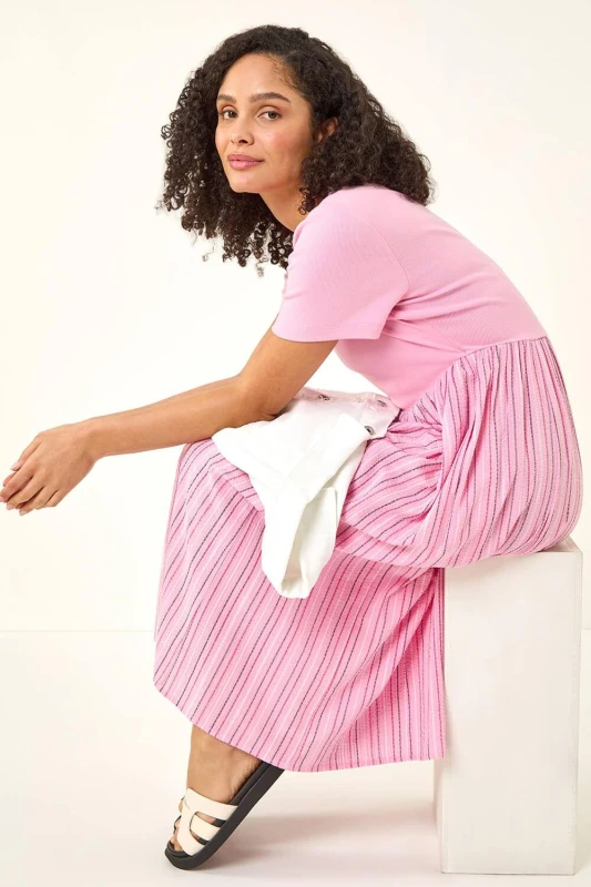 Image of Roman Womens Textured Stripe Midi Dress in Pink Size: 10 Pink Female 10