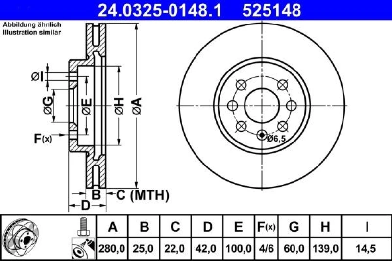Image of ATE 24.0325-0148.1 Brake disc Vented, Coated, Alloyed/High-carbon, with bolts/screws Brake Disc (82)
