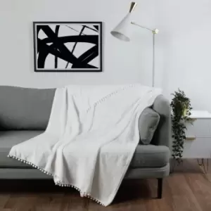 image of Dreamscene Ultra Soft Flannel Fleece Pom Pom Throw Blanket White 200 X 240Cm