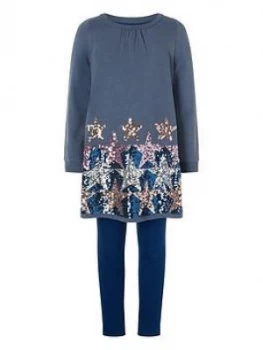 Image of Monsoon Girls Star Sequin Tunic and Legging Set - Teal, Size Age: 9-10 Years, Women