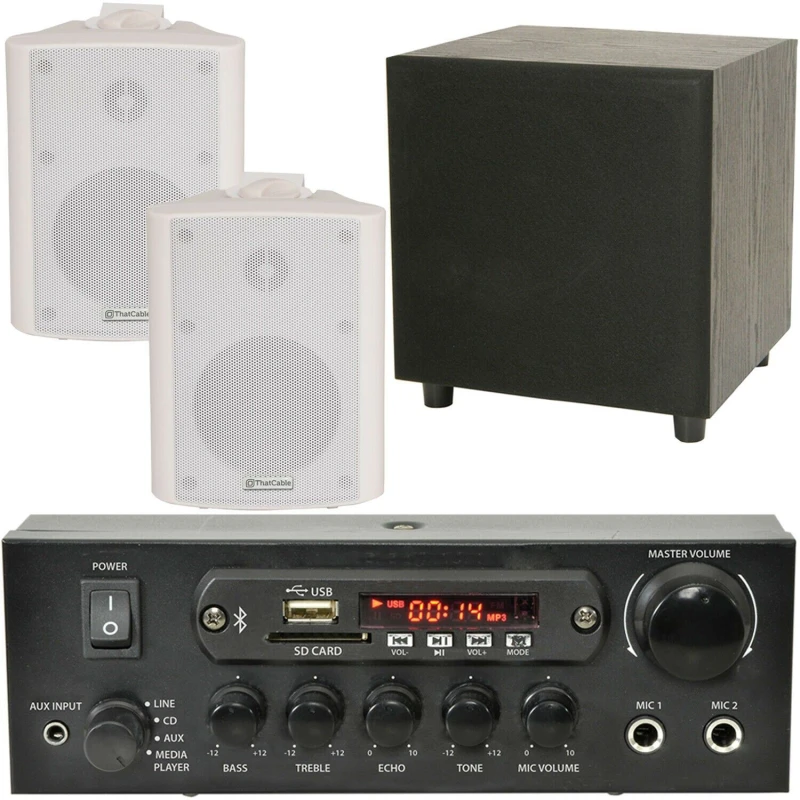 Image of Loops PREMIUM TV Sound System White Wall Speakers 200W Subwoofer & Bluetooth Amp Kit White unisex
