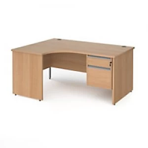 image of Dams International Left Hand Ergonomic Desk with 2 Lockable Drawers Pedestal and Beech Coloured MFC Top with Silver Panel Ends and Silver Frame Corner