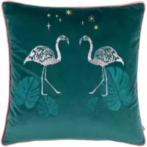 Image of Wylder - Dusk Flamingo Embroidered Velvet Piped Edge Cushion Cover, Teal, 50 x 50 Cm