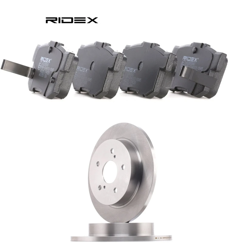 Image of RIDEX 3405B1893 Brake disc and pads set Rear Axle, Brake Disc Type: Solid, with acoustic wear warning Brake Set,disc brakes (3405)
