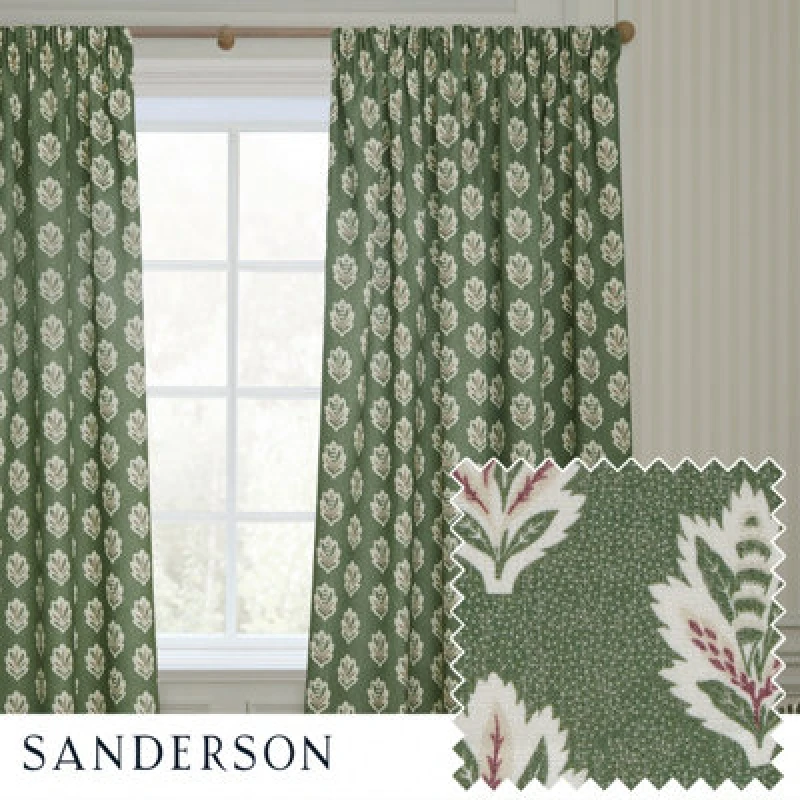 Image of Sanderson Sanderson Sessile Leaf Printed Room Darkening Pencil Pleat Curtains in Light Green Size: 117cm width x 183cm drop Light Green 117cm width