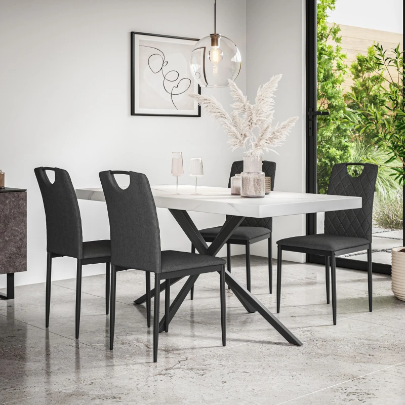 Image of More4Homes Donni Dining Table And Chairs - White Marble Effect Table Top W Black Legs + Monza Linen Dining Chair Lset Of 4 (Charcoal)