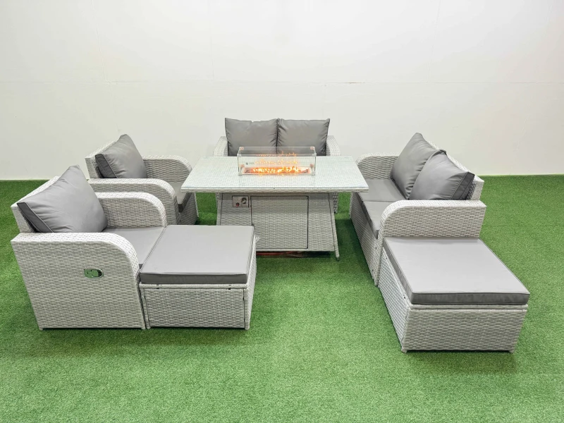 Image of Fimous 8 Seater Outdoor Reclining Chair Love Sofa Set Rattan Garden Furniture Set with Firepit Dining Table 2 Big FootStools Light Grey Light Grey