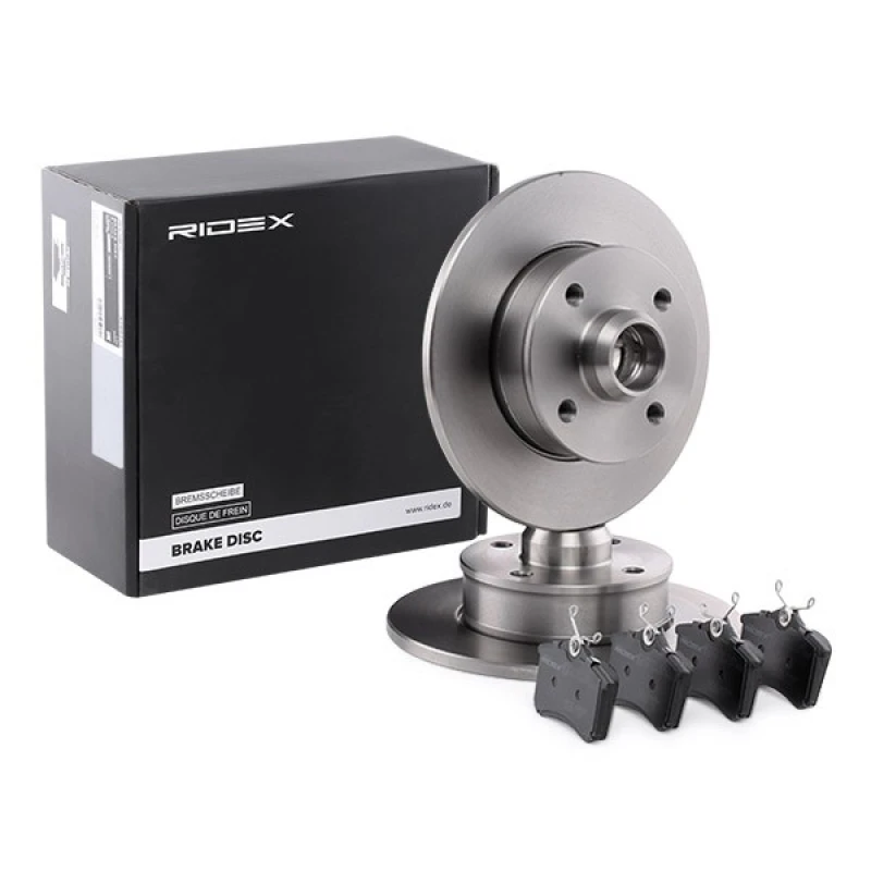 Image of RIDEX 3405B0109 Brake disc and pads set Rear Axle, Brake Disc Type: Solid, excl. wear warning contact Brake Set,disc brakes (3405)