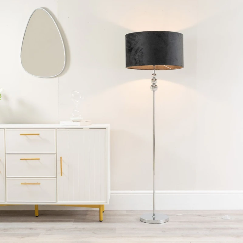 Image of ValueLights Marissa Velvet Drum Shade with Chrome Stacked Ball Floor Lamp Black