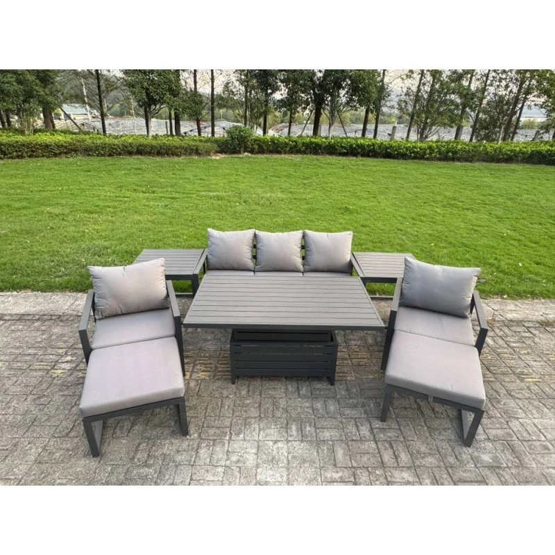 Image of Fimous Aluminum 8 Piece Sofa Set with Lifting Table, 2 Chairs, 2 Big Stools in Dark Grey Dark Grey Unisex