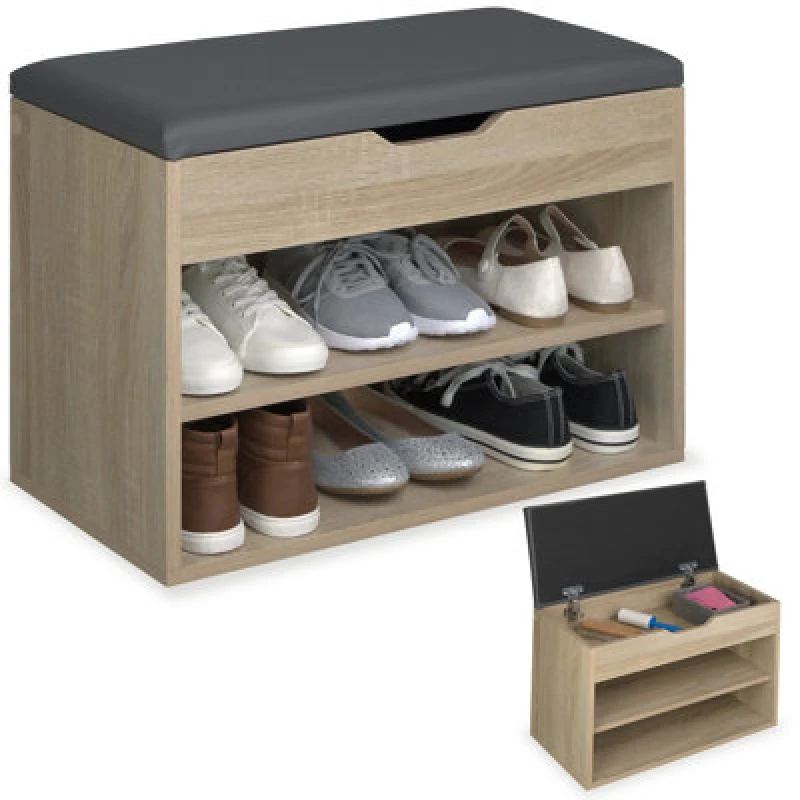 Image of Tectake Shoe Rack Jasmina - Bench With Cushion, 2 Shelves For 6 Pairs Of Shoes, Hinged Lid - 60 Cm - Wood Light, Oak Sonoma