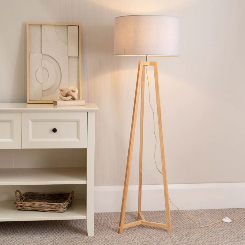 Image of ValueLights Lottie Natural Wood Tripod Floor Lamp with Fabric Drum Shade Grey