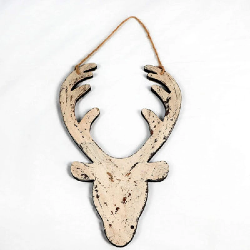 Image of Shatchi Cream Christmas Wooden Hanging Deer Head Wall Decoration Xmas Home Office Holiday Decorative Centrepiece 26cm Cream