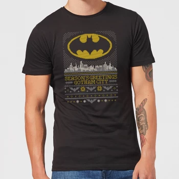 image of DC Seasons Greetings From Gotham Mens Christmas T-Shirt - Black - 3XL - Black