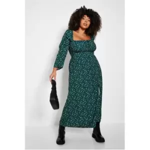 image of I Saw It First Green Floral Print Square Neck Puff Sleeve Midi Dress - Green