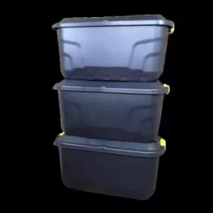 Image of 3 x 75L Heavy Duty Trunks on Wheels Sturdy, Lockable, Stackable and Nestable Design Storage Chest with Clips in Black