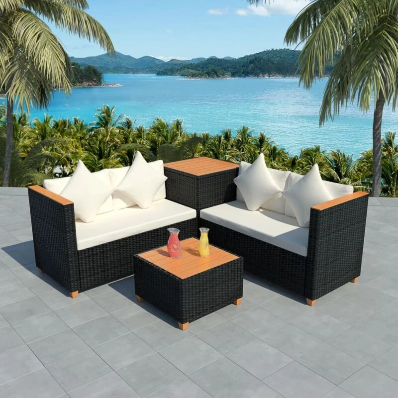 Image of vidaXL Garden Sofa Set 14 Piece Poly Rattan WPC Top Black Outdoor Furniture