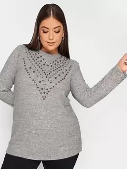 Image of Yours Yours Embellished Soft Touch Jumper, Grey, Size 26-28, Women