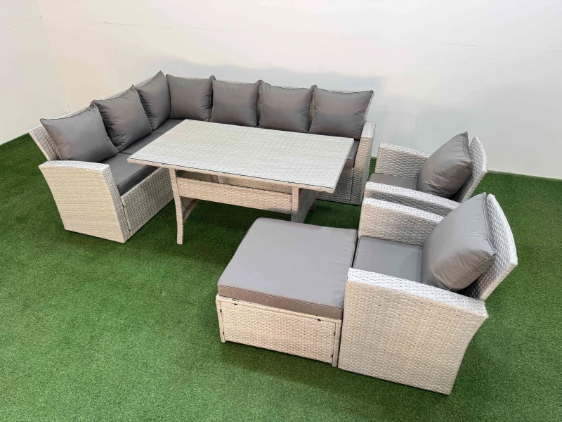 Image of Fimous 9 Seater Rattan Garden Furniture Set Table 2 Chairs Big Footstool in Light Grey Light Grey Unisex