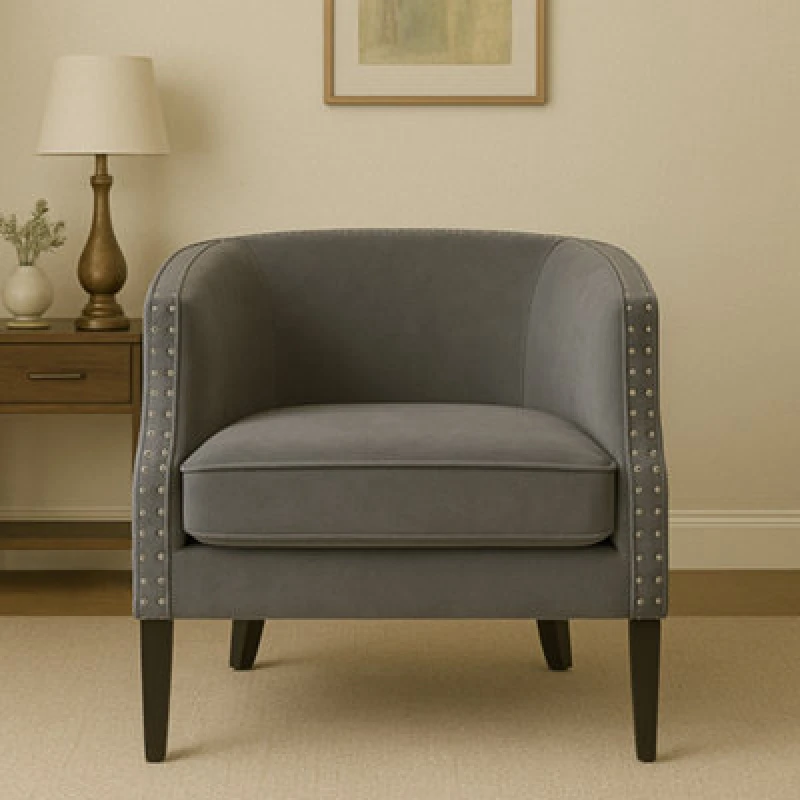 Image of Orsina Grey Velvet Studded Chair, Easy To Clean Leather Armchair, Body Supportive Accent Chair