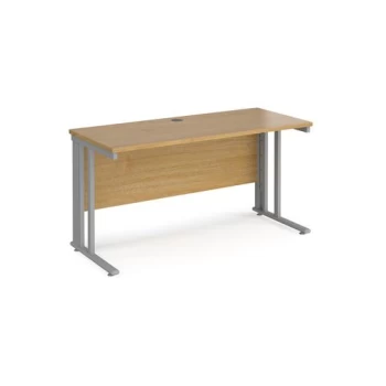 image of Office Desk 1400mm Rectangular Desk With Cable Managed Leg Oak Tops With Silver Frames 600mm Depth Maestro 25