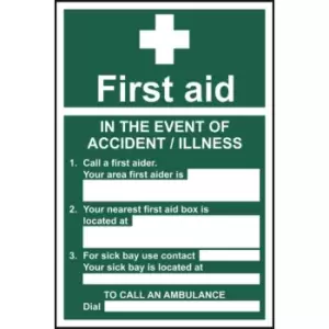 image of First Aid In the event of accident or illness - Self Adhesive Vinyl Sign - 300 x 200mm