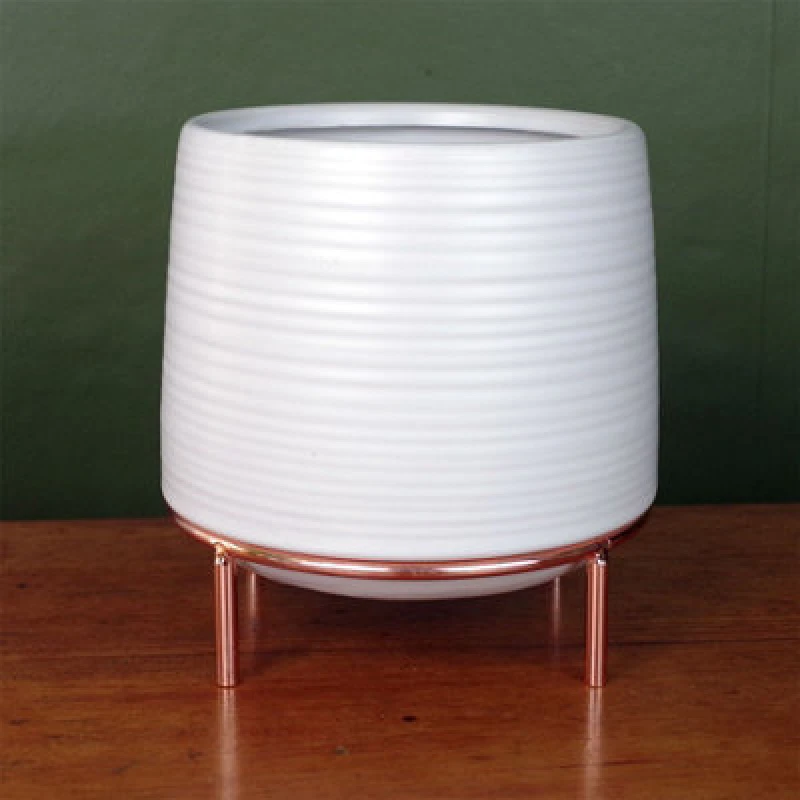 Image of Leaf White Ceramic Planter Metal Stand Plant Pot White unisex