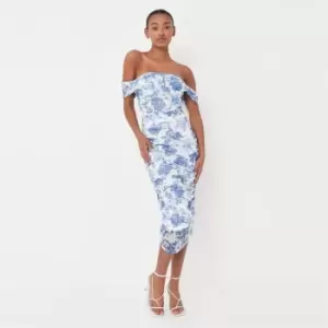 Missguided Ruched Bardot Midi Dress Porcelain - Blue