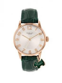 image of Radley White And Rose Gold Detail Dial Green Leather Strap Ladies Watch