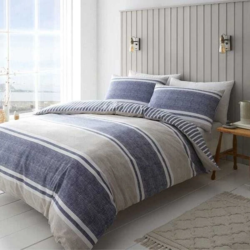 Image of CATHERINE LANSFIELD Catherine Lansfield Textured Banded Stripe King Duvet Set Blue BD/57098/W/KQS/BL