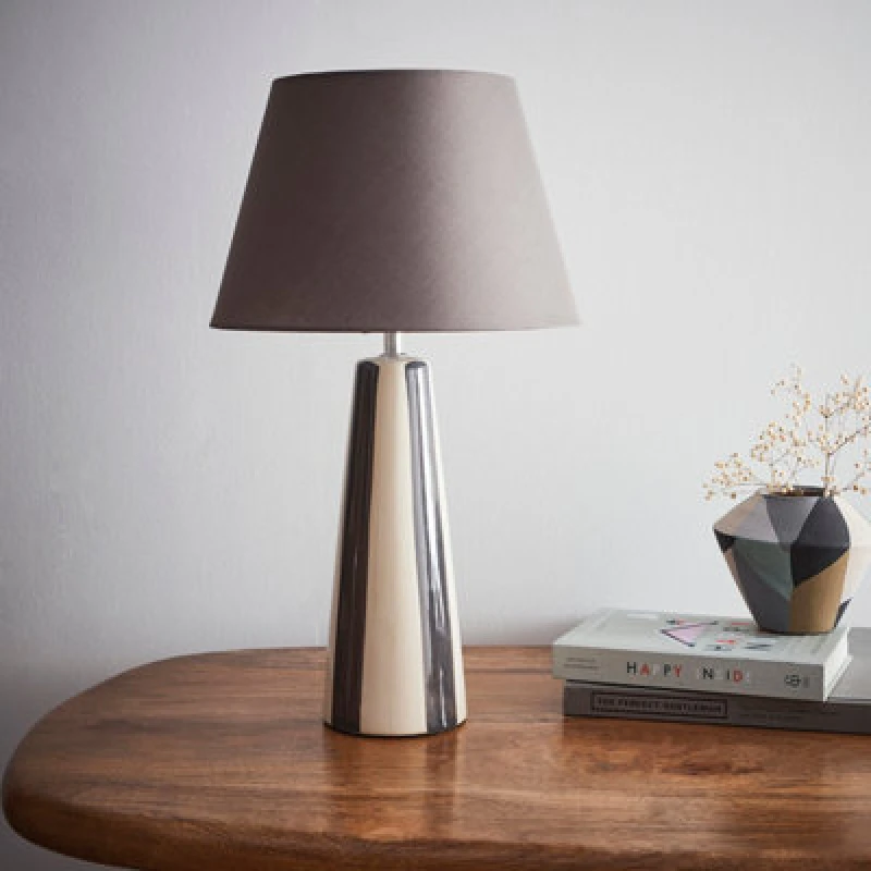 Image of K Living Tall Ceramic Striped Table Lamps With Painted Grey Stripes And Matching Lampshades