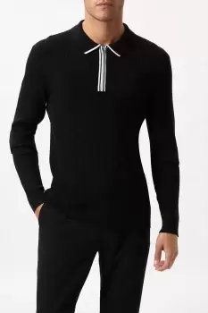 image of Premium Black Muscle Fit Tipped Zip Knitted Ribbed Polo Shirt