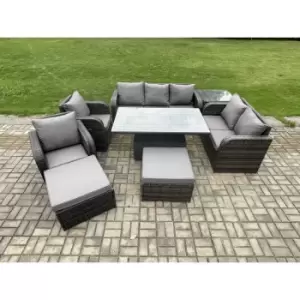 Image of Fimous 7 Seater Outdoor Rattan Dining Sofa Complete Set with Adjustable Table and 2 Big Footstools